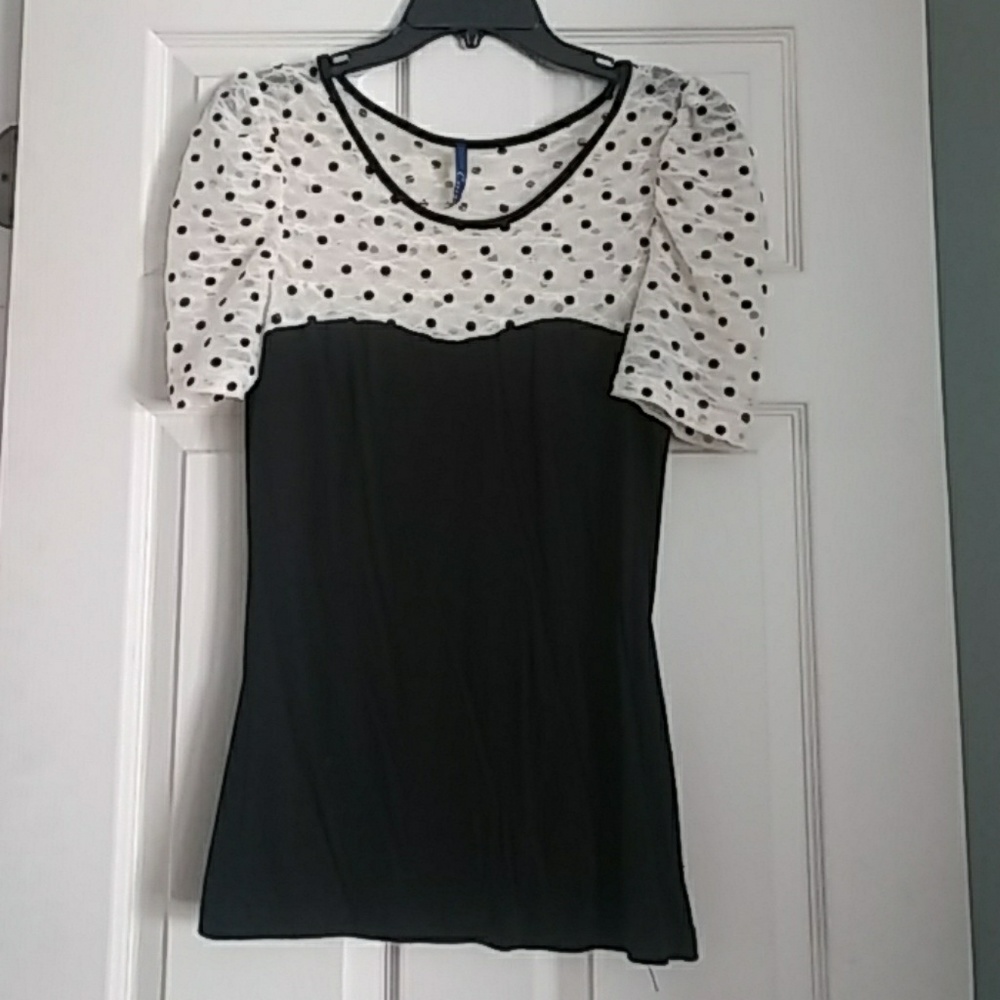 Black and cream lace polka dot top